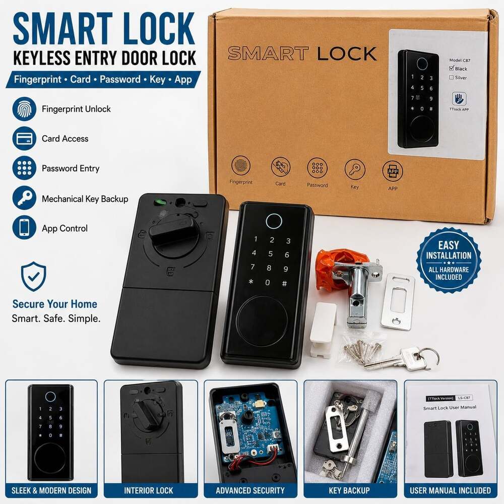 LS-C87 Smart Door Lock Fingerprint Keypad TTLock App Keyless Entry Black New